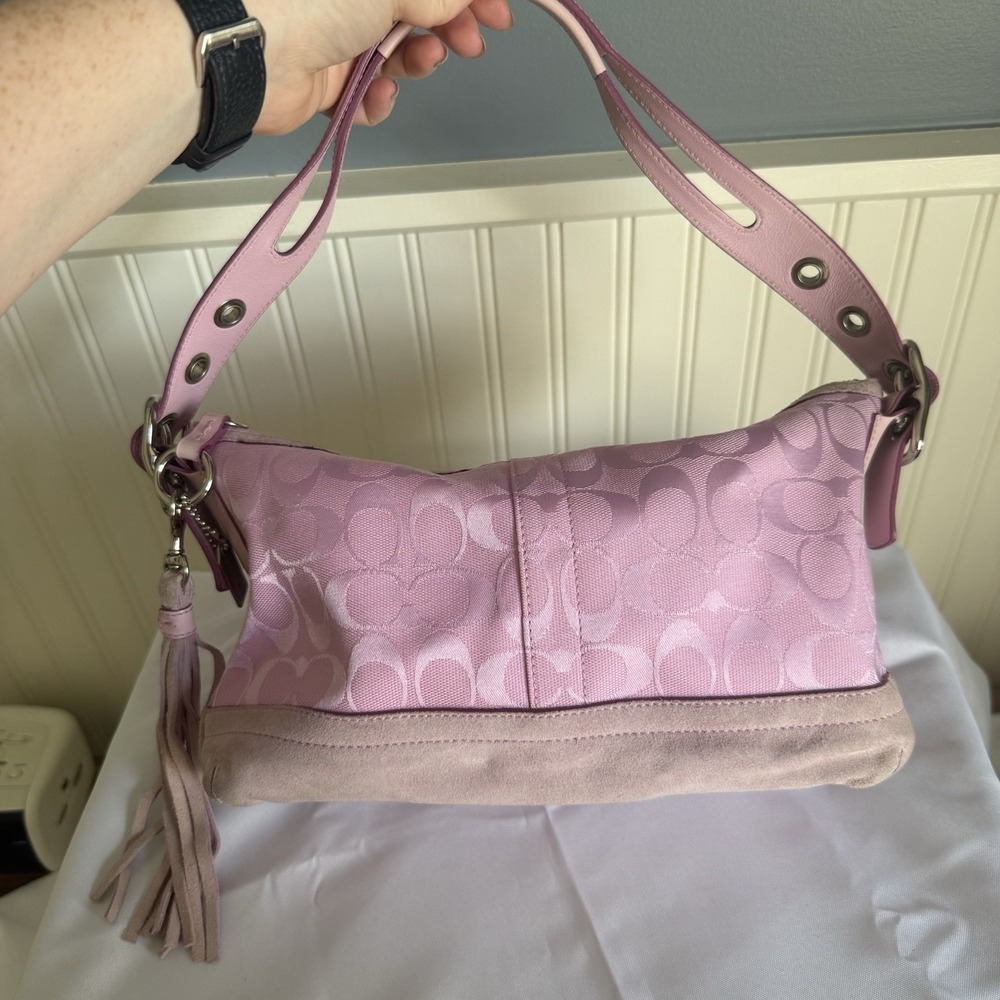 Vintage COACH Signature East West Hobo Shoulder Bag Purse Pink Canvas Y2K - Picture 2 of 16
